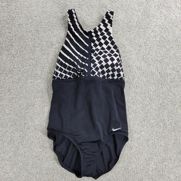 Nike Rush High Neck One Piece Swimsuit Womens M Black White Geo Criss Cross Back - Picture 1 of 16